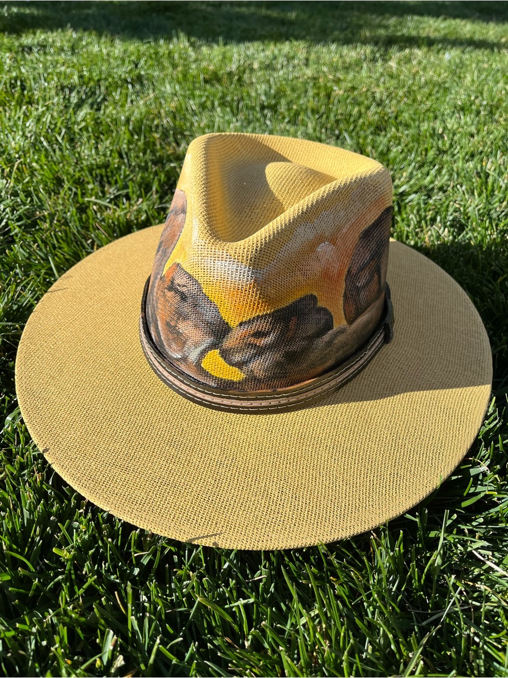 Hand Painted Kissing Camels at Garden of the Gods Yellow Wide-Brim Fedora Hat